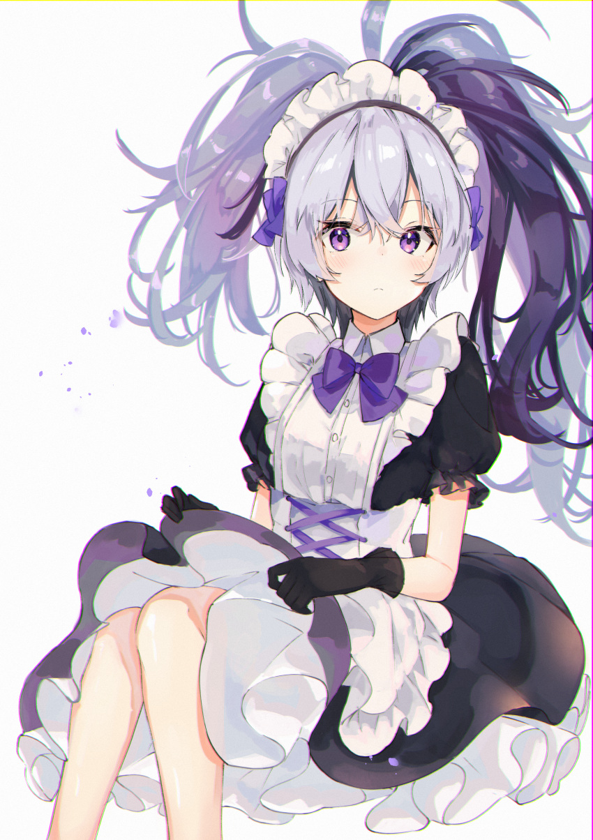 1girl absurdres apron black_dress black_gloves black_sleeves closed_mouth dress expressionless feet_out_of_frame flower flower_(vocaloid) frilled_dress frills gloves highres holding_skirt huge_filesize long_hair looking_at_viewer maid maid_apron maid_dress maid_headdress multicolored_hair note55885 purple_hair short_sleeves sitting solo two-tone_hair violet_eyes vocaloid white_hair