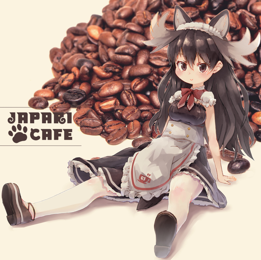 1girl alternate_costume animal_ears antlers apron black_dress brown_eyes brown_hair coffee_beans commentary_request dress enmaided extra_ears frilled_dress frills highres japari_symbol kemono_friends kemono_friends_3 kolshica legs_apart loafers long_hair maid maid_apron maid_dress maid_headdress moose_(kemono_friends) moose_ears moose_girl moose_tail pantyhose photo_background puffy_short_sleeves puffy_sleeves red_neckwear shoes short_sleeves sitting solo tail white_apron white_frills white_legwear