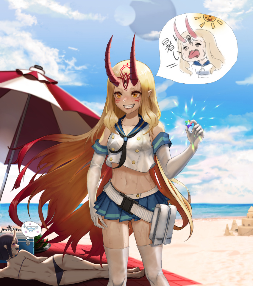2girls ^_^ absurdres ass bare_legs bare_shoulders barefoot beach beach_mat beach_umbrella belt bikini black_bikini black_neckwear blonde_hair blue_sailor_collar blue_skirt blue_sky closed_eyes clouds collarbone commentary_request cooler cosplay crop_top day elbow_gloves facial_mark fate/grand_order fate_(series) feet_out_of_frame forehead_mark from_behind gloves grin hand_up highres holding horns huge_filesize ibaraki_douji_(fate/grand_order) kantai_collection long_hair looking_at_viewer looking_back lying microskirt midriff multiple_girls navel neckerchief on_side oni oni_horns open_mouth outdoors pleated_skirt pointy_ears pouch profile pumpkin_king purple_hair sailor_collar sailor_shirt sand_castle sand_sculpture shimakaze_(kantai_collection) shimakaze_(kantai_collection)_(cosplay) shirt shuten_douji_(fate/grand_order) sidelocks skirt sky sleeveless sleeveless_shirt smile standing stellated_octahedron stomach sun sweat swimsuit thigh-highs thighs tongue tongue_out translation_request umbrella very_long_hair water white_belt white_gloves white_legwear white_shirt yellow_eyes zettai_ryouiki