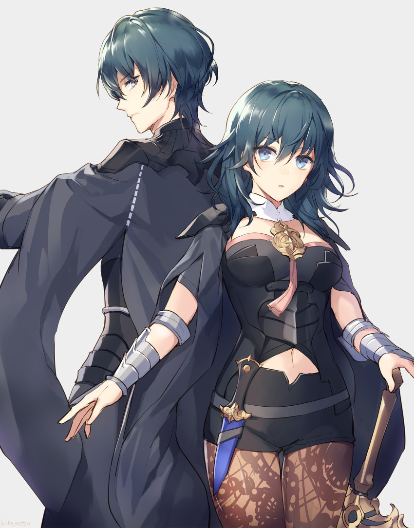 1boy 1girl armor back-to-back black_cape black_shorts blue_eyes blue_hair breasts brother_and_sister brown_legwear byleth_(fire_emblem) byleth_eisner_(female) byleth_eisner_(male) byleth_eisner_(female) byleth_eisner_(male) cape closed_mouth commentary_request cowboy_shot eyebrows_visible_through_hair fire_emblem fire_emblem:_three_houses fire_emblem:_three_houses fire_emblem_16 grey_background hair_between_eyes height_difference highres intelligent_systems kikugetsu long_hair looking_at_viewer looking_back male_my_unit_(fire_emblem:_three_houses) medium_breasts moe my_unit_(fire_emblem:_three_houses) navel nintendo pantyhose parted_lips serious short_shorts shorts shoulder_armor siblings simple_background thigh_gap v-shaped_eyebrows wrist_guards