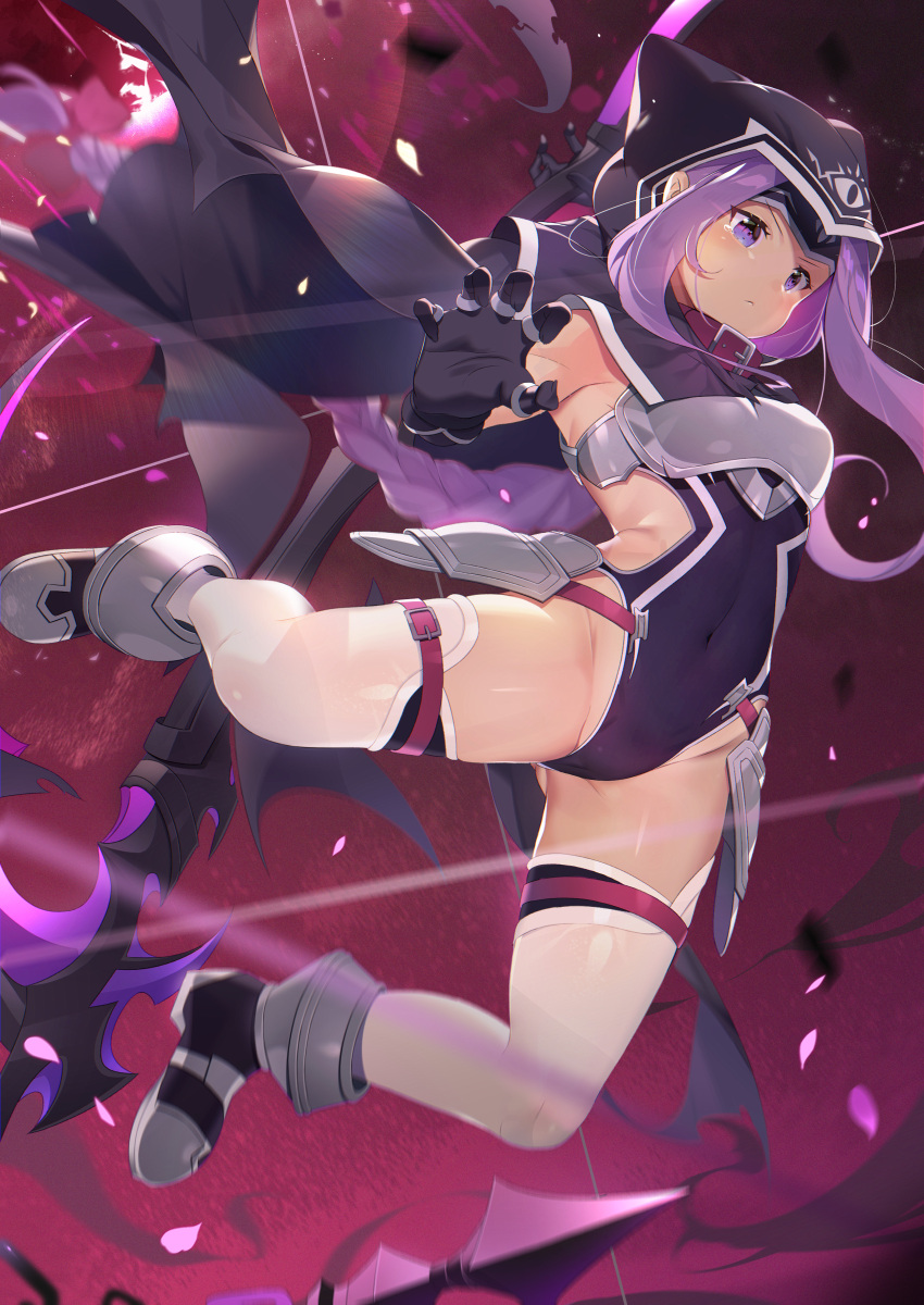 1girl absurdres black_gloves boots breasts covered_navel fate/grand_order fate_(series) gloves highres holding holding_weapon hood hood_up huge_filesize leotard long_hair medusa_(lancer)_(fate) nayuta_(una) purple_hair rider small_breasts smile thigh-highs very_long_hair violet_eyes weapon