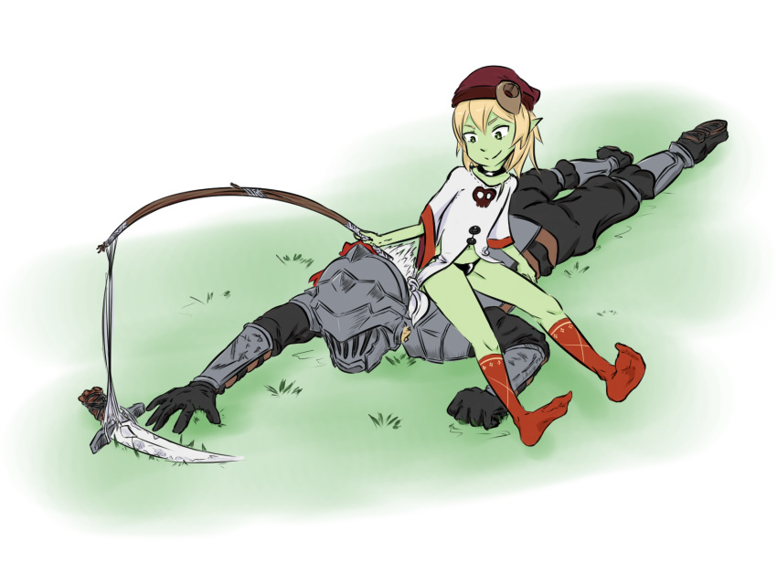 1boy 1girl armor black_gloves black_panties black_pants blonde_hair choker clenched_hand commentary_request crossover fishing_rod full_armor gloves goblin goblin_slayer goblin_slayer! goblin_wa_mou_juubun_ni_tsuyoi grass greaves green_skin hat helmet highres honwasabi knight looking_at_another looking_down lying medium_hair monster_girl on_stomach outstretched_arm outstretched_hand panties pants pauldrons plate_armor pointy_ears reaching red_headwear red_legwear russian_commentary shirt short_sleeves sitting sitting_on_person skull_print socks sword underwear weapon white_background white_shirt wide_sleeves zedns
