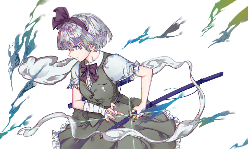 1girl bandaged_arm bandages black_hairband black_neckwear black_ribbon commentary_request cowboy_shot frills from_side glint green_skirt green_vest hair_ribbon hairband katana konpaku_youmu konpaku_youmu_(ghost) ready_to_draw ribbon shirt short_hair short_sleeves silver_hair skirt smile soku_(bluerule-graypray) sword touhou vest weapon white_background white_shirt