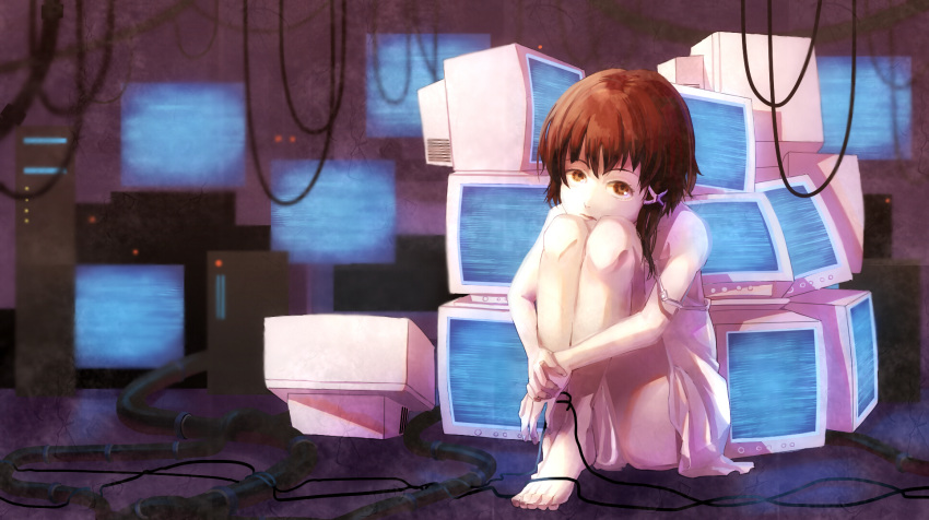 1girl asymmetrical_hair brown_eyes brown_hair cable closed_mouth commentary computer computer_tower dress hair_ornament hairclip highres iwakura_lain looking_at_viewer serial_experiments_lain short_hair sitting solo strap_slip