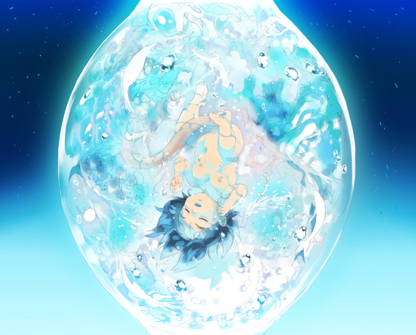 6+boys air_bubble animal baby barefoot black_hair blue_background bubble closed_eyes dark_background dragon_ball dragon_ball_(classic) dragon_ball_minus evil_grin evil_smile expressionless faceless faceless_male fingernails fish floating_hair frieza full_body glowing gradient gradient_background grin highres horns in_bubble kakipiinu light_particles looking_down male_focus monkey_tail monster multiple_boys navel nude oozaru parted_lips saiyan salamander shaded_face smile son_gokuu spiky_hair submerged tail toenails upside-down water younger