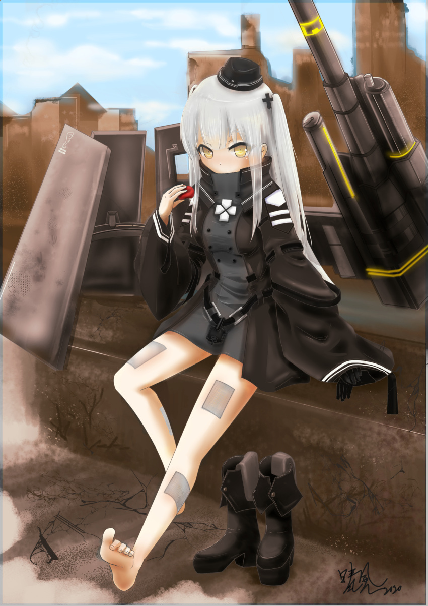 88_flak_(ash_arms) ash_arms bare_legs bare_shoulders boots commentary_request full_body gloves grey_hair hair_ornament hat highres leaning_on_object long_hair long_sleeves military_hat qingfeng_(clashu) ruins signature sky yellow_eyes