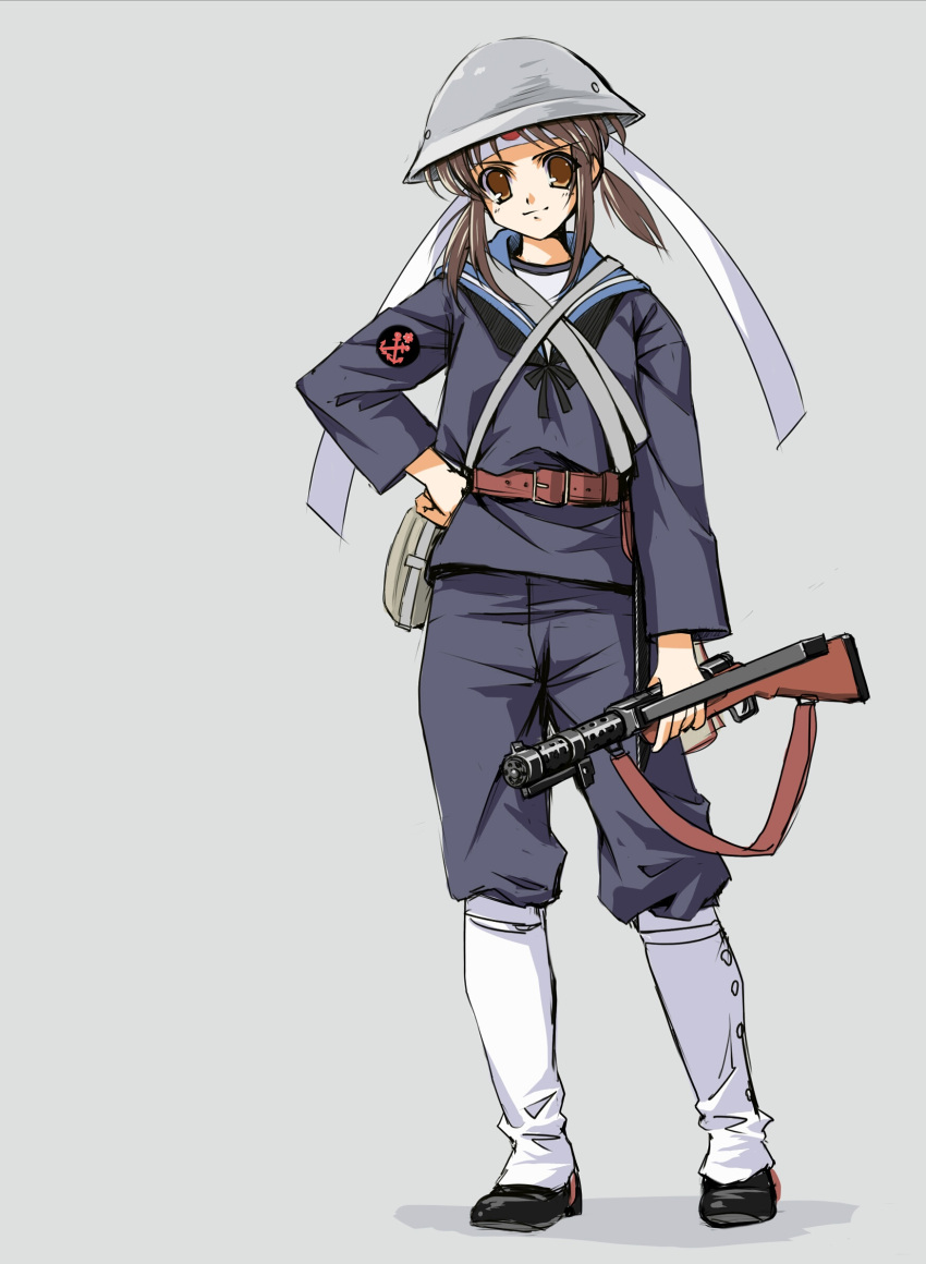 1girl brown_eyes brown_hair full_body gun hachimaki hand_on_hip headband helmet highres holding holding_gun holding_weapon imperial_japanese_navy longmei_er_de_tuzi looking_at_viewer military military_uniform original simple_background solo submachine_gun uniform weapon weapon_request