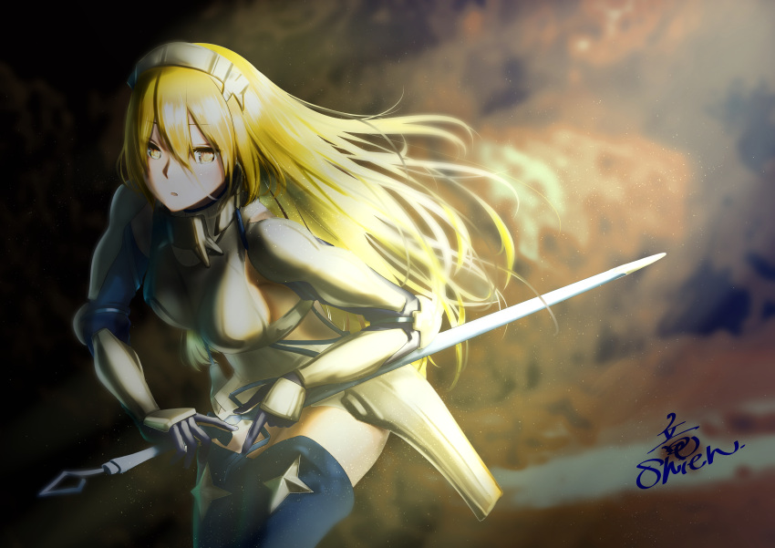 absurdres aiz_wallenstein armor armored_boots blonde_hair boots breasts dungeon_ni_deai_wo_motomeru_no_wa_machigatteiru_darou_ka glowing headband highres huge_filesize oekaki shien_(tatunokoshien00) sideboob sword weapon yellow_eyes