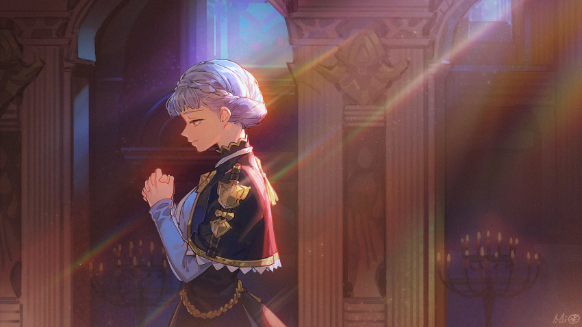 1girl aiguillette alzi_xiaomi bangs blue_hair braid breasts candle candlestand capelet crown_braid dress epaulettes fire_emblem fire_emblem:_three_houses from_side hands_clasped highres long_sleeves looking_away marianne_von_edmund own_hands_together pillar praying profile smile solo stained_glass statue sunlight upper_body