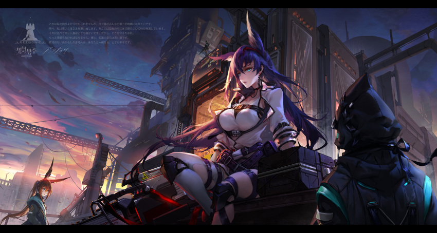 1boy 1other 2girls amiya_(arknights) animal_ear_fluff animal_ears arknights bangs belt black_gloves black_hair black_jacket blaze_(arknights) blue_eyes breasts brown_hair cat_ears chainsaw character_request cityscape clouds doctor_(arknights) elite_ii_(arknights) fingerless_gloves floating_hair gloves hair_between_eyes hairband headset highres hood hooded_jacket jacket jewelry knee_pads large_breasts letterboxed long_hair long_sleeves looking_at_viewer multiple_girls multiple_straps open_clothes open_jacket outdoors parted_lips ponytail popped_collar rabbit_ears red_hairband sidelocks single_thighhigh sitting skirt sunset thigh-highs thigh_strap train_hb underbust very_long_hair white_jacket white_legwear white_tank_top wind