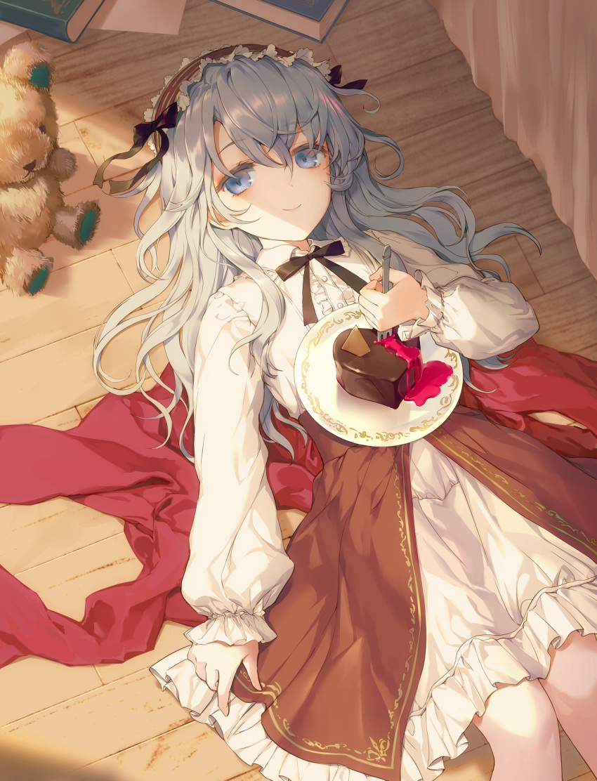 1girl blue_eyes blue_hair blush cake closed_mouth eyebrows_visible_through_hair food fork highres holding holding_fork indoors kikugetsu long_hair long_sleeves looking_at_viewer lying on_back original plate smile solo stuffed_animal stuffed_toy teddy_bear