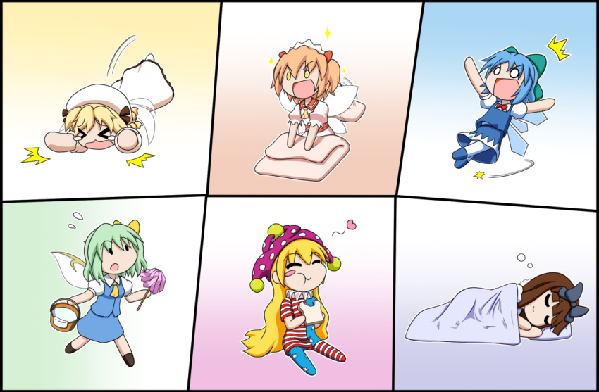 &gt;_&lt; +_+ /\/\/\ 6+girls :t =_= american_flag_legwear american_flag_shirt apron bangs beret blanket blonde_hair blue_dress blue_footwear blue_hair blue_skirt blue_vest blunt_bangs bow bowtie brown_hair bucket bucket_of_water chestnut_mouth chibi cirno clownpiece cravat daiyousei dress drill_hair duster eating eighth_note fairy_wings falling flying_sweatdrops futon green_hair hair_bow hair_ribbon hand_on_own_chin hand_on_own_forehead hands_in_hair hands_on_hips hands_on_own_face hat headdress heart holding holding_bucket holding_duster jester_cap long_hair looking_down luna_child mary_janes multiple_girls musical_note open_mouth pantyhose pillow pinafore_dress puffy_short_sleeves puffy_sleeves rakugaki-biyori red_neckwear red_shirt red_skirt redhead ribbon shirt shoes short_hair short_sleeves side_ponytail sitting skirt sleeping slice_of_bread smile solid_oval_eyes sparkle split_screen standing star_sapphire sunny_milk tears touhou two_side_up under_covers very_long_hair vest waist_apron walking white_dress white_headwear white_legwear white_shirt wings yellow_neckwear