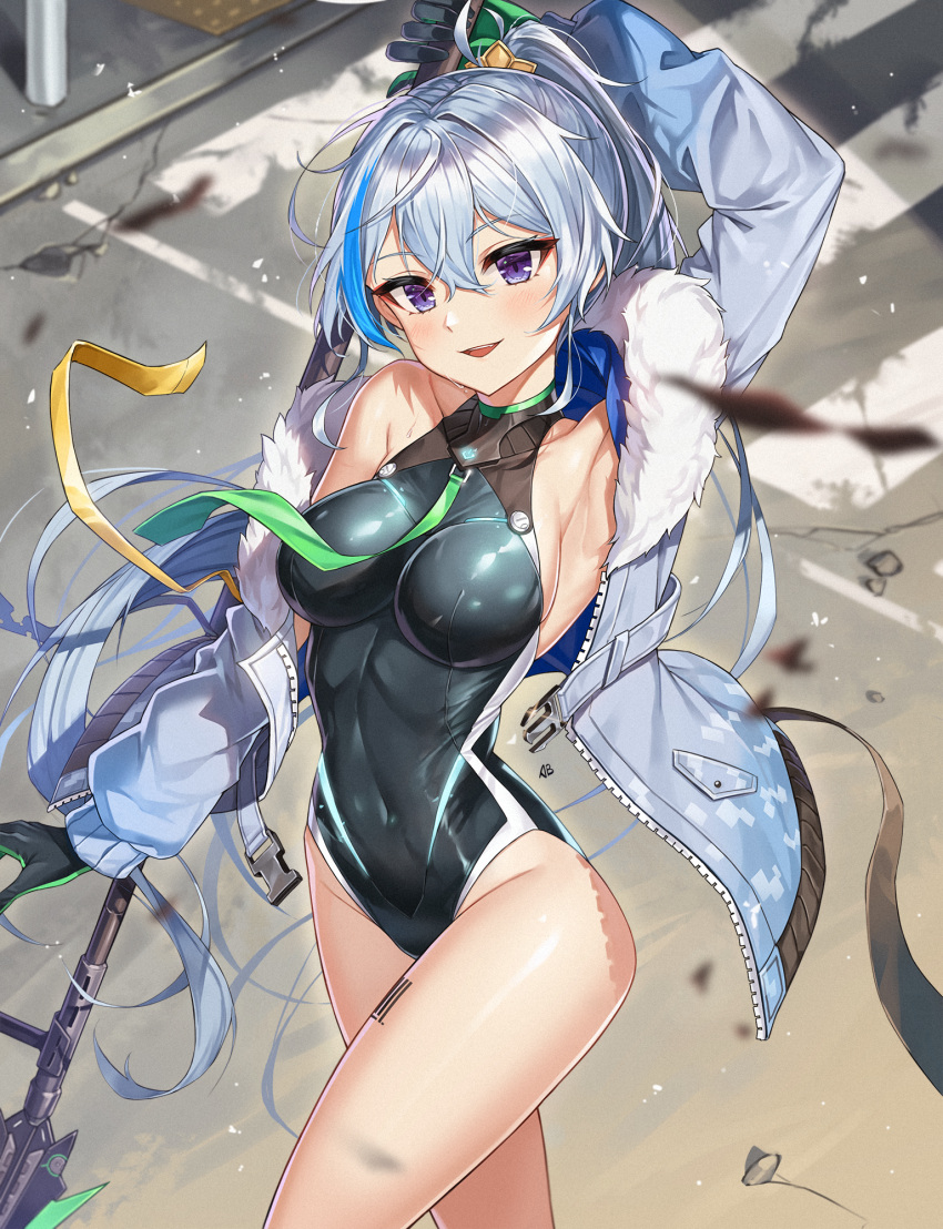 1girl :d aliceblue arm_up armpits bangs barcode_tattoo black_leotard blue_hair blush breasts ephnel fur_trim hair_between_eyes highleg highleg_leotard highres holding holding_spear holding_weapon jacket large_breasts leg_tattoo leotard long_hair looking_at_viewer medium_breasts multicolored_hair open_mouth outdoors polearm ponytail silver_hair smile solo soul_worker spear sweat tattoo thighs very_long_hair violet_eyes weapon wind