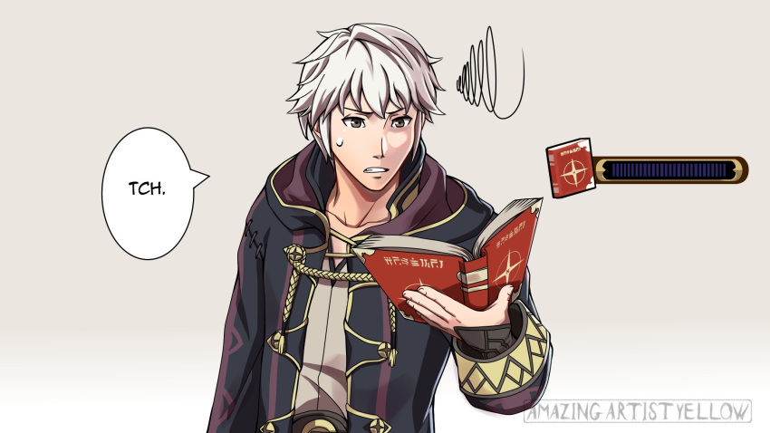 1boy amazingartistyellow annoyed artist_name bangs black_coat book brown_eyes coat collarbone fire_emblem fire_emblem_awakening gameplay_mechanics highres holding holding_book long_sleeves male_focus open_book open_clothes open_coat parted_lips pink_background robin_(fire_emblem) robin_(fire_emblem)_(male) silver_hair simple_background solo speech_bubble squiggle super_smash_bros. sweatdrop upper_body v-shaped_eyebrows