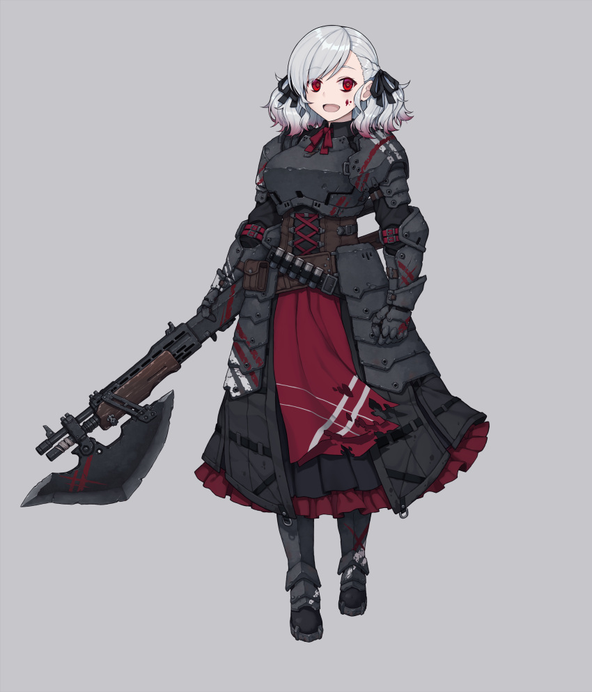 1girl absurdres armor blood blood_on_face crazy_eyes darkest_dungeon full_body girls_frontline grey_background grey_hair gun highres looking_at_viewer namesake open_mouth plate_armor red_eyes shotgun solo spas-12 spas-12_(girls_frontline) terras twintails weapon