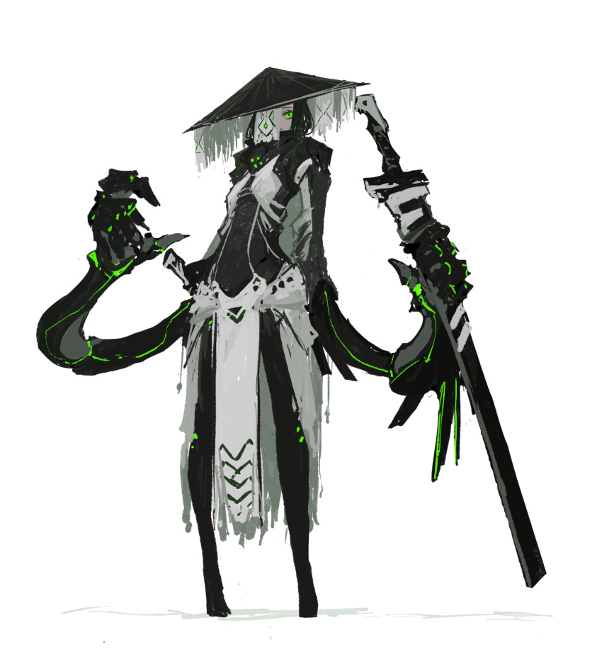 androgynous black_headwear black_legwear full_body green_eyes highres holding holding_sword holding_weapon long_sleeves looking_at_viewer original sheath sheathed simple_background sketch standing susudust sword weapon white_background
