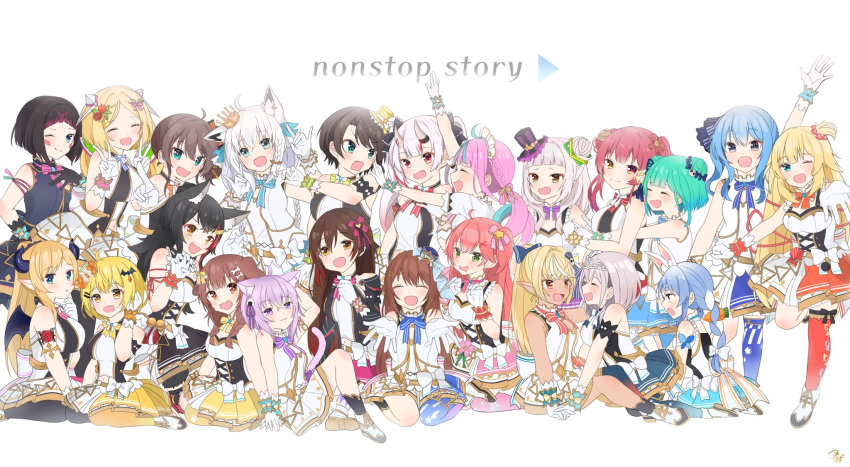 6+girls aki_rosenthal animal_ears azki_(hololive) azki_channel bare_shoulders black_hair blonde_hair blue_hair blush bow braid brown_hair closed_mouth dark_skin demon_girl demon_horns dog_ears elf everyone fox_ears full_body gloves green_hair hair_bow highres holding_hands hololive horns hoshimachi_suisei houshou_marine idol idol_clothes interlocked_fingers kintsuba_(flare_channel) logo long_hair looking_at_viewer matching_outfit minato_aqua miniskirt moonbell multiple_girls murasaki_shion nakiri_ayame natsuiro_matsuri nekomata_okayu ookami_mio oozora_subaru open_mouth outstretched_arms pointy_ears purple_hair rabbit_ears redhead roboco-san roboco_ch. rosen-tai sakura_miko shirakami_fubuki shiranui_flare shirogane_noel shirt short_hair signature simple_background single_thighhigh sitting skirt sleeveless smile standing suisei_channel thigh-highs tiara tokino_sora tokino_sora_channel uruha_rushia usada_pekora virtual_youtuber white_background white_gloves white_shirt wolf_ears yozora_mel yuri yuzuki_choco zettai_ryouiki