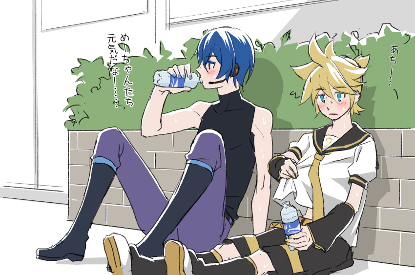 2boys bass_clef black_collar black_shorts black_sleeves blonde_hair blue_eyes blue_hair blush boots bottle bush collar detached_sleeves drinking headset highres holding holding_bottle holding_shirt kagamine_len kaito kaito_(vocaloid3) knee_boots knees_up leg_warmers male_focus multiple_boys nail_polish necktie outdoors pants pocari_sweat sailor_collar school_uniform shirt short_ponytail short_sleeves shorts sitting sleeveless sleeveless_turtleneck spiky_hair sweat translated turtleneck vocaloid white_shirt yellow_nails yellow_neckwear yuki_(tarojamg)