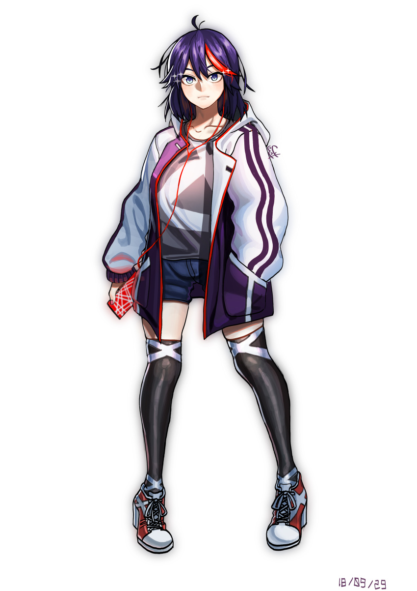 1girl absurdres ahoge baggy_clothes black_legwear blue_eyes blue_shorts casual cellphone chan_(dlgkal123) collarbone commentary_request earphones earphones expressionless full_body hand_in_pocket highres holding holding_cellphone holding_phone hood hood_down hoodie kill_la_kill looking_at_viewer matoi_ryuuko medium_hair multicolored_hair open_clothes open_hoodie over-kneehighs phone pigeon-toed pumps purple_hair redhead shorts signature smartphone solo sparkle streaked_hair symbol-shaped_pupils thigh-highs white_background