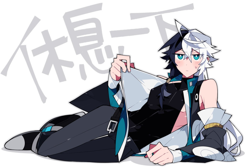 1boy alternate_hairstyle belt belt_buckle black_belt black_hair blush boots braid buckle chinese_text covered_nipples green_eyes long_hair looking_at_viewer lying male_focus multicolored_hair off_shoulder on_side pants shirt sleeveless sleeveless_shirt solo translated uoshi_(uoshi777) vocaloid vsinger white_hair yuezheng_longya