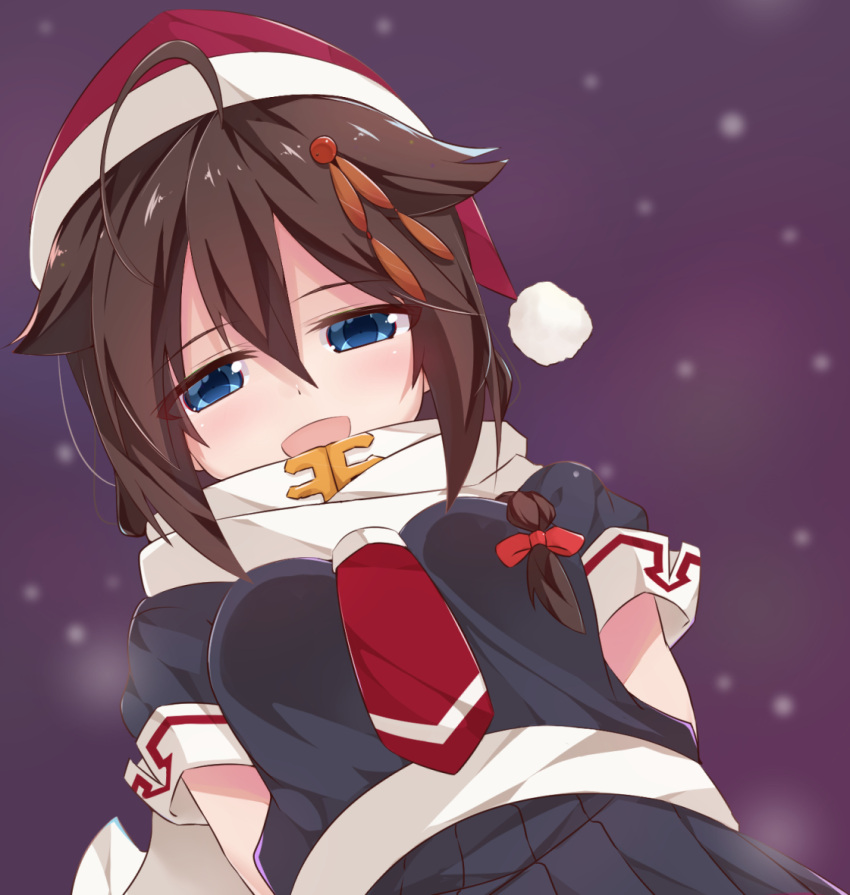 1girl ahoge blue_eyes braid brown_hair hair_flaps hair_ornament hat kantai_collection looking_at_viewer looking_down necktie santa_hat scarf school_uniform serafuku shigure_(kantai_collection) single_braid smile solo yoriha_yashiro