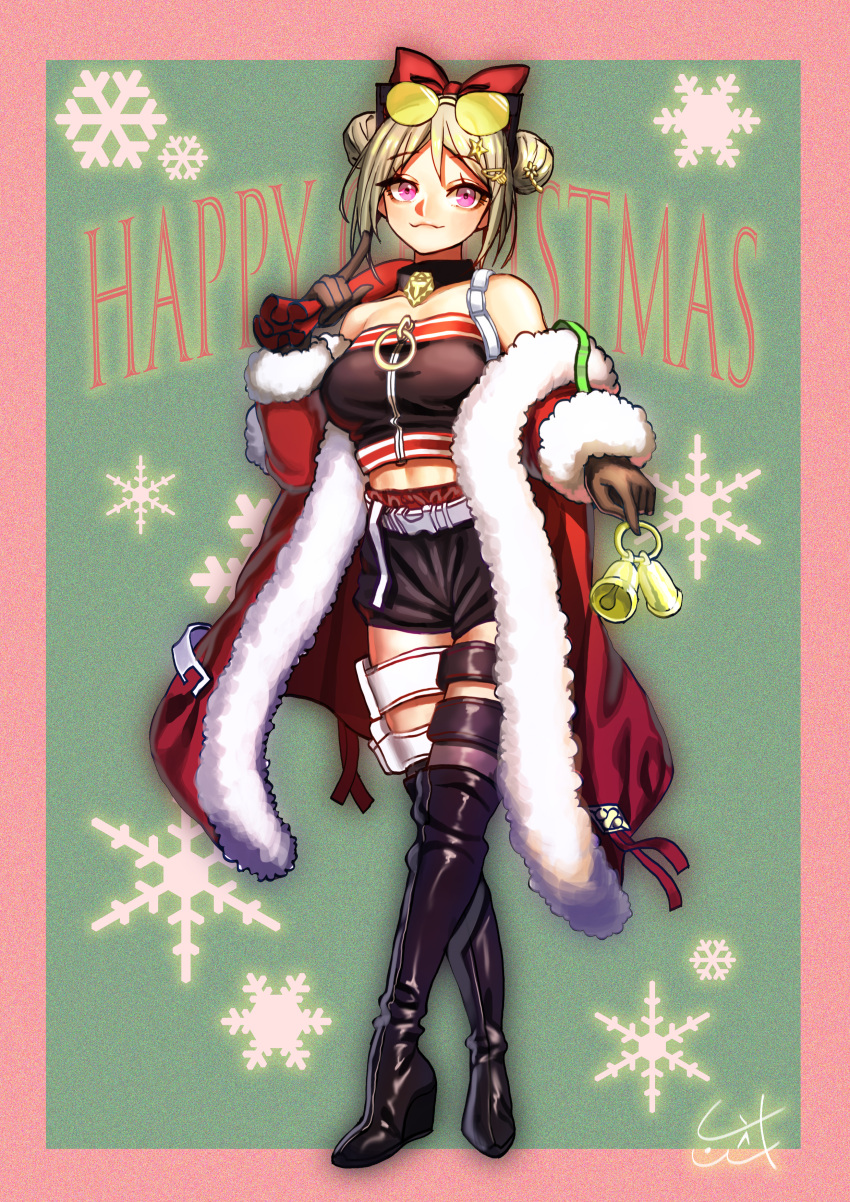 1girl absurdres bare_shoulders bell belt black_gloves boots bow breasts chan_(dlgkal123) christmas collar double_bun eyewear_on_head full_body girls_frontline gloves hair_bow hair_ornament hairclip hat highres huge_filesize leather leather_boots light_brown_hair medium_breasts merry_christmas midriff off_shoulder p90_(girls_frontline) pink_eyes platform_boots sack santa_costume santa_hat short_hair shorts signature solo strapless sunglasses thigh-highs thigh_boots thigh_strap tubetop walking yellow-tinted_eyewear zipper_pull_tab