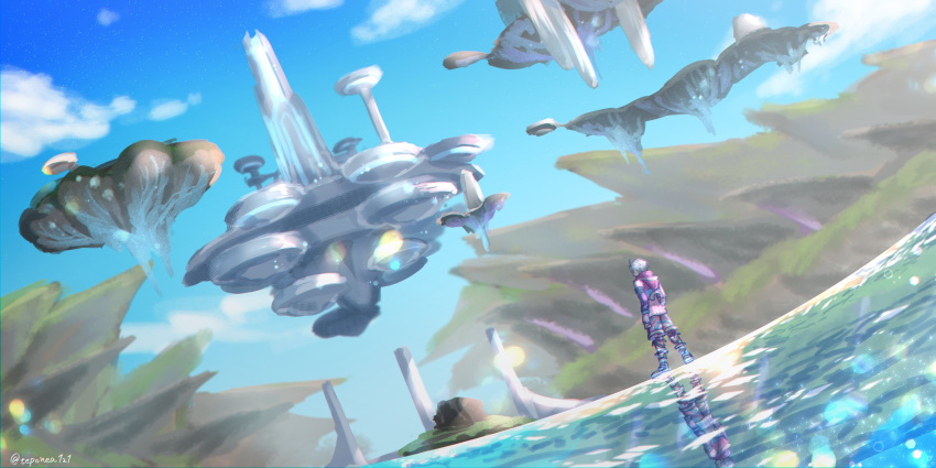 absurdres clouds day dutch_angle floating_city floating_island highres ocean outdoors reflection rei_(teponea121) scenery shulk signature sky water xenoblade_(series) xenoblade_1