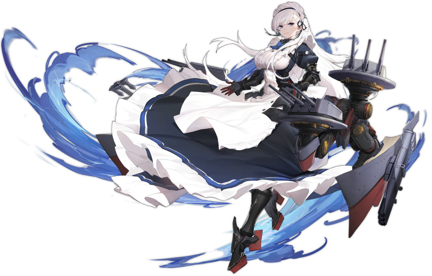 1girl apron azur_lane belfast_(azur_lane) black_dress black_footwear black_gloves blue_eyes boots breasts dress elbow_gloves gloves highres knee_boots large_breasts long_hair maid maid_headdress official_art ribbon rigging smile solo torpedo weapon white_apron white_hair yoyo2doggness