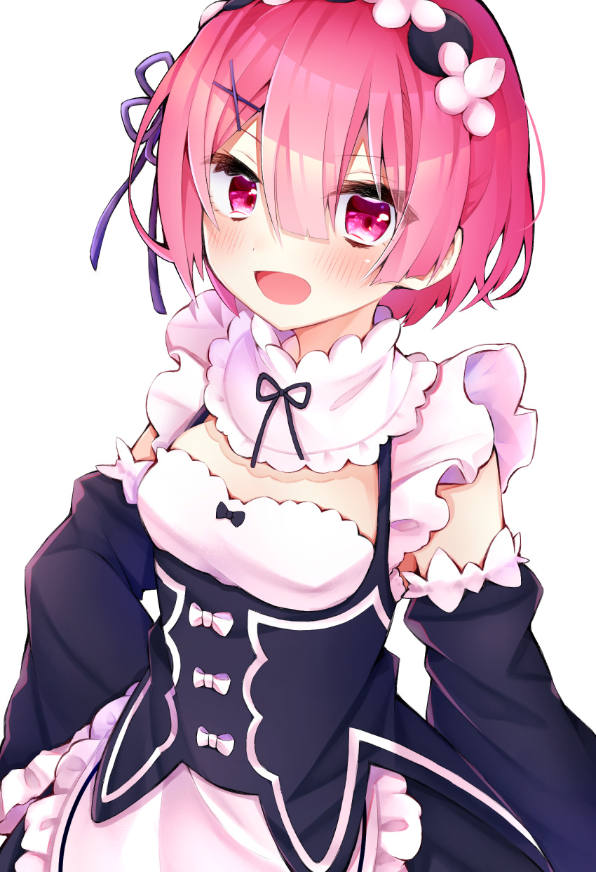 1girl :d apron arms_behind_back black_dress blush detached_sleeves dress eringikinono flower frilled_dress frilled_sleeves frills hair_between_eyes hair_flower hair_ornament hair_over_one_eye hair_ribbon highres looking_at_viewer maid maid_headdress open_mouth pink_eyes pink_hair purple_ribbon ram_(re:zero) re:zero_kara_hajimeru_isekai_seikatsu ribbon short_hair smile solo waist_apron white_apron x_hair_ornament