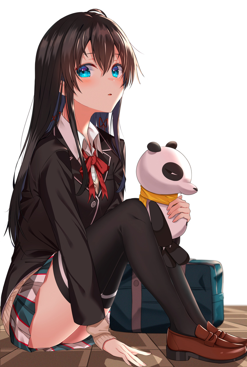 1girl absurdres bangs black_hair black_jacket black_legwear blue_bag blue_eyes blush breasts brown_footwear commentary_request hair_between_eyes highres holding jacket jun_(540000000000000) long_hair long_sleeves looking_at_viewer medium_breasts red_ribbon ribbon school_uniform simple_background sitting skirt solo thigh-highs white_background yahari_ore_no_seishun_lovecome_wa_machigatteiru. yukinoshita_yukino