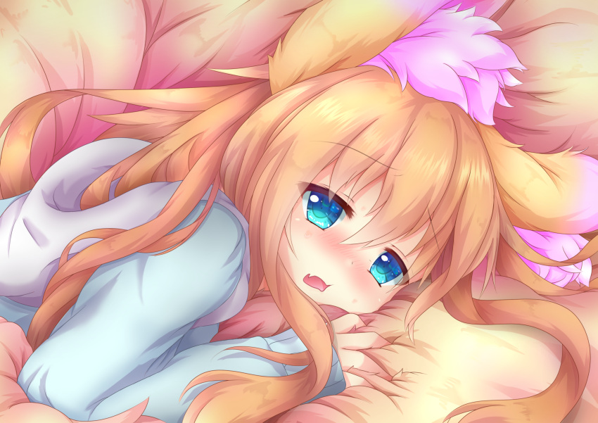 1girl absurdres animal_ear_fluff animal_ears blue_eyes blush fang fluffy fox_ears fox_girl fox_tail highres hood hood_down hoodie long_hair long_sleeves lying macaroni710 multiple_tails nose_blush on_stomach open_mouth orange_hair original sweat tail