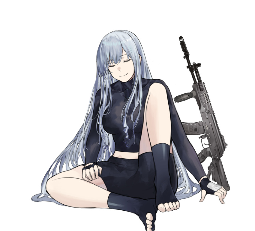 1girl ak-12 ak-12_(girls_frontline) closed_eyes defy_(girls_frontline) girls_frontline gloves gun highres long_hair silver_hair simple_background sitting smile solo talnory violet_eyes weapon white_background