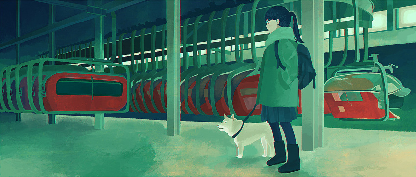 1girl animal backpack bag bangs black_footwear black_hair boots coat dog expressionless hand_in_pocket indoors leash long_hair original ponytail profile ski_lift solo standing tabisumika wide_shot