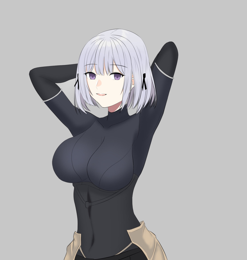 1girl bangs bodysuit bra breasts defy_(girls_frontline) girls_frontline grey_background hand_up highres looking_at_viewer open_mouth rpk-16_(girls_frontline) short_hair silver_hair simple_background solo underwear user_fwwt3275 violet_eyes