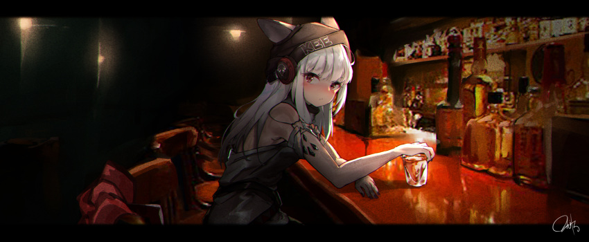 1girl absurdres alcohol animal_ears arknights backlighting bare_shoulders black_headwear blush bottle chair cup dark drinking_glass ears_through_headwear frostleaf_(arknights) grey_shirt headphones highres jeynine9 letterboxed long_hair looking_at_viewer looking_to_the_side nose_blush red_eyes shirt signature silver_hair sleeveless sleeveless_shirt solo table whiskey