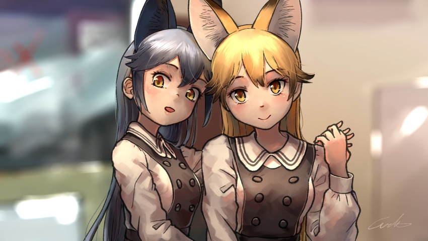 2girls :d alternate_costume animal_ear_fluff animal_ears bangs blonde_hair blurry blurry_background brown_hair commentary double-breasted extra_ears ezo_red_fox_(kemono_friends) fox_ears gradient_hair grey_hair hair_between_eyes highres holding_hands kemono_friends long_hair long_sleeves looking_at_viewer multicolored_hair multiple_girls open_mouth signature silver_fox_(kemono_friends) smile upper_body welt_(kinsei_koutenkyoku) yellow_eyes