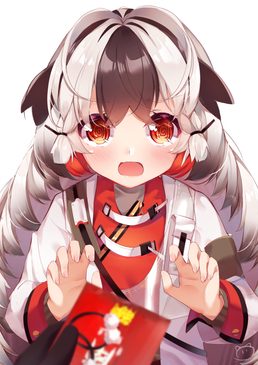 1girl @_@ arknights bangs blush brown_hair eyebrows_visible_through_hair grey_hair highres holding jacket long_hair long_sleeves looking_at_viewer multicolored_hair nahaki open_clothes open_jacket open_mouth red_eyes red_shirt shirt sidelocks signature simple_background snowsant_(arknights) solo_focus two-tone_hair upper_body very_long_hair white_background white_jacket