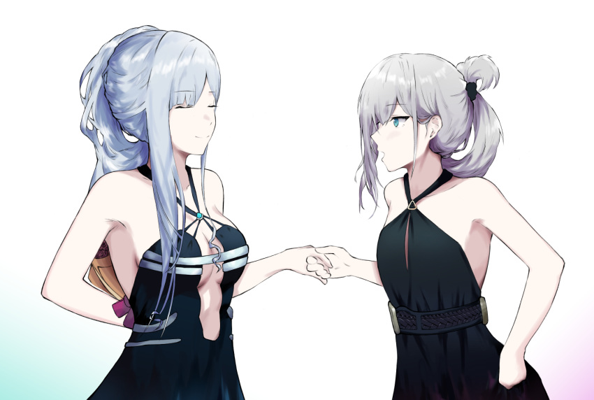 2girls ak-12_(girls_frontline) an-94_(girls_frontline) black_dress breasts closed_eyes defy_(girls_frontline) dress flower girls_frontline green_eyes hairband long_hair looking_at_another multiple_girls open_mouth silver_hair simple_background talnory white_background