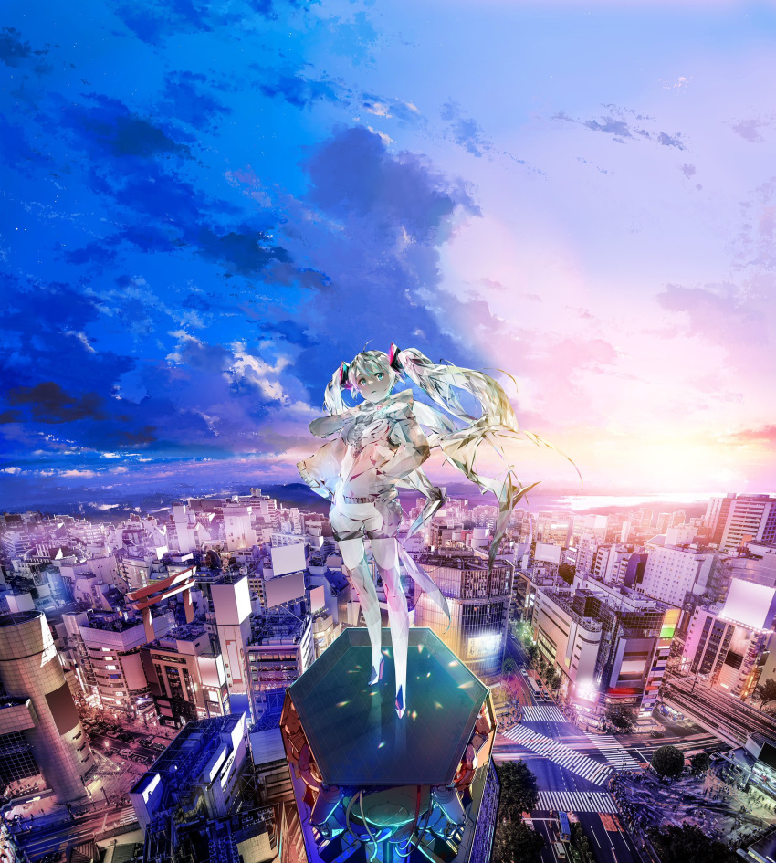 1girl 3d apapico bangs blue_eyes building city cityscape clouds crystal full_body hair_ornament hatsune_miku highres jacket outdoors scenery shorts sky solo standing torii twintails vocaloid