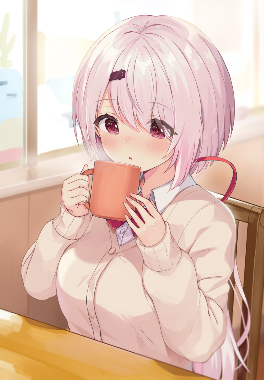 1girl absurdres bangs blush bow breasts brown_cardigan cardigan chair collared_shirt commentary_request cup dress_shirt eyebrows_visible_through_hair hair_between_eyes hair_ornament hairclip hands_up highres holding holding_cup long_sleeves medium_breasts mug nijisanji nose_blush parted_lips pink_hair racchi. red_bow red_eyes red_ribbon ribbon shiina_yuika shirt sitting solo table upper_body virtual_youtuber white_shirt window
