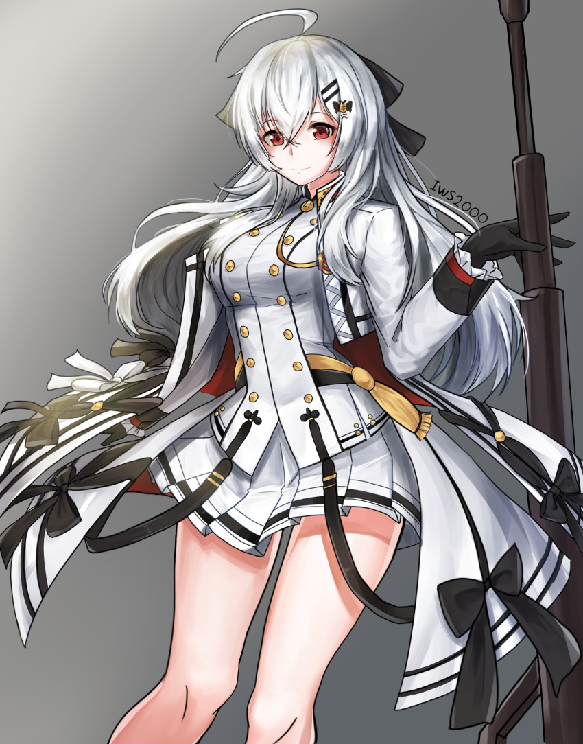 1girl absurdres black_gloves breasts girls_frontline gloves gun highres iws-2000_(girls_frontline) iznal long_hair looking_at_viewer red_eyes rifle simple_background skirt solo tagme weapon white_background white_hair
