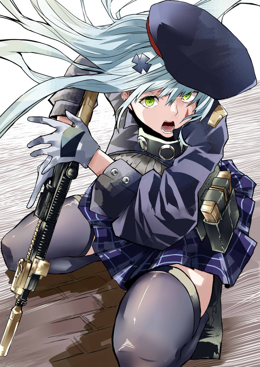 1girl absurdres assault_rifle beret blue_hair girls_frontline gloves green_eyes gun h&amp;k_hk416 hat highres hk416_(girls_frontline) kyoyakyo long_hair open_mouth rifle simple_background solo tagme thigh-highs weapon white_gloves