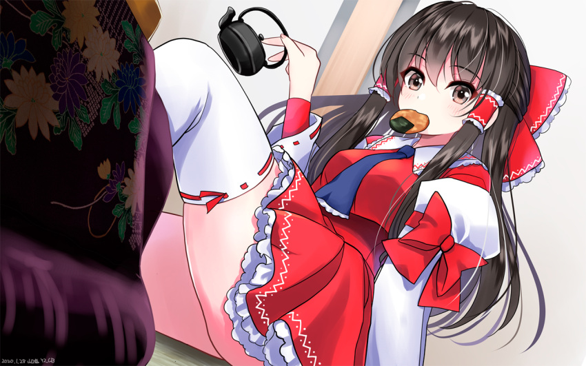 1girl bangs black_hair blue_neckwear blush bow brown_eyes commentary_request dated dress eyebrows_visible_through_hair food_in_mouth frilled_bow frilled_skirt frills from_below hair_bow hair_tubes hakurei_reimu knee_up kotatsu long_hair looking_at_viewer nontraditional_miko red_bow red_dress signature sitting skirt solo table teapot thigh-highs thighs touhou watermark white_legwear yamaguchi_yuu