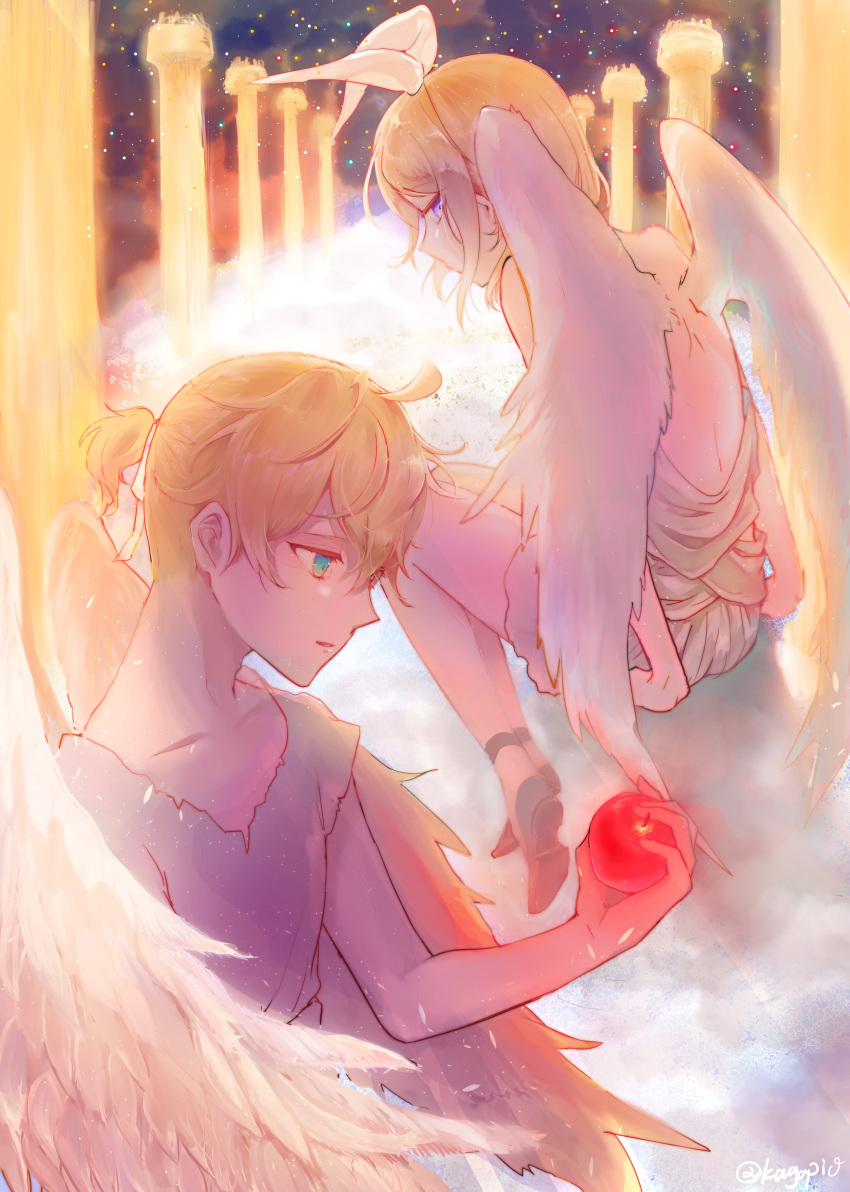 1boy 1girl absurdres angel angel_wings apple bangs bare_back blonde_hair blue_eyes bow clouds expressionless feathered_wings food fruit glowing hair_bow half-closed_eyes heaven highres holding holding_food holding_fruit kagamine_len kagamine_rin looking_at_another looking_back parted_lips pillar pion_(hriwkn) shirt short_hair short_ponytail siblings sitting_on_cloud sky space spiky_hair star_(sky) starry_sky swept_bangs toga torn_clothes twins violet_eyes vocaloid white_bow wings