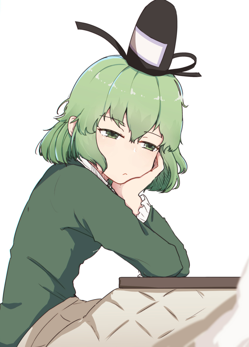 1girl :&lt; absurdres arm_support black_headwear commentary_request dress frown green_dress green_eyes green_hair half-closed_eyes hat head_rest highres kotatsu leaning_forward long_sleeves medium_hair senzaicha_kasukadoki simple_background sitting soga_no_tojiko solo table tate_eboshi touhou white_background