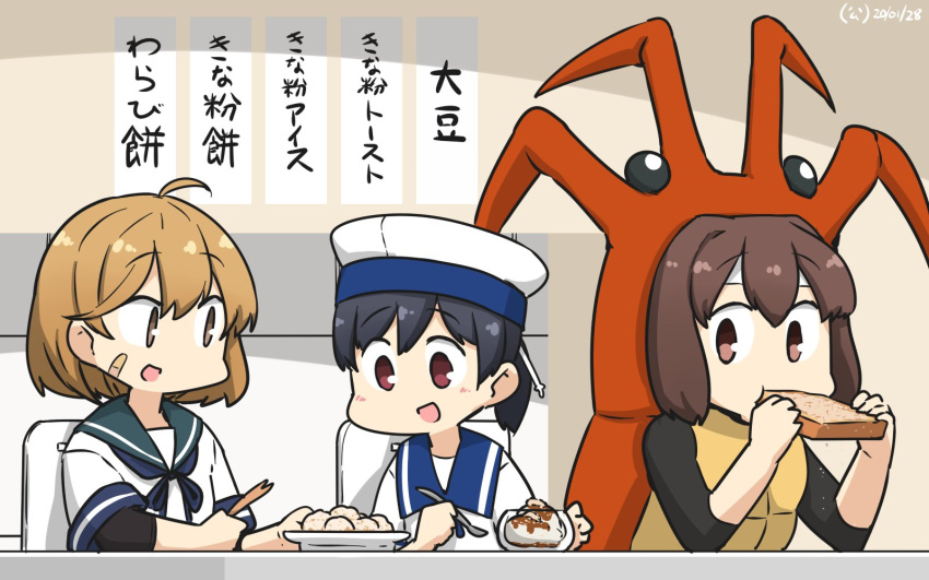 3girls bandaid bandaid_on_face black_hair blue_sailor_collar brown_eyes brown_hair commentary_request dated dress eating food hamu_koutarou hat hiburi_(kantai_collection) highres ice_cream ise_(kantai_collection) kantai_collection lobster_costume low_ponytail multiple_girls oboro_(kantai_collection) sailor_collar sailor_dress sailor_hat sandwich school_uniform serafuku short_hair short_sleeves table translation_request upper_body white_dress