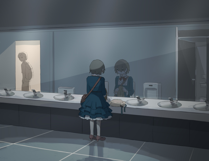 1other absurdres ambiguous_gender avogado6 crossdressinging head_down highres limited_palette muted_color original restroom tile_floor tiles urinal wide_shot