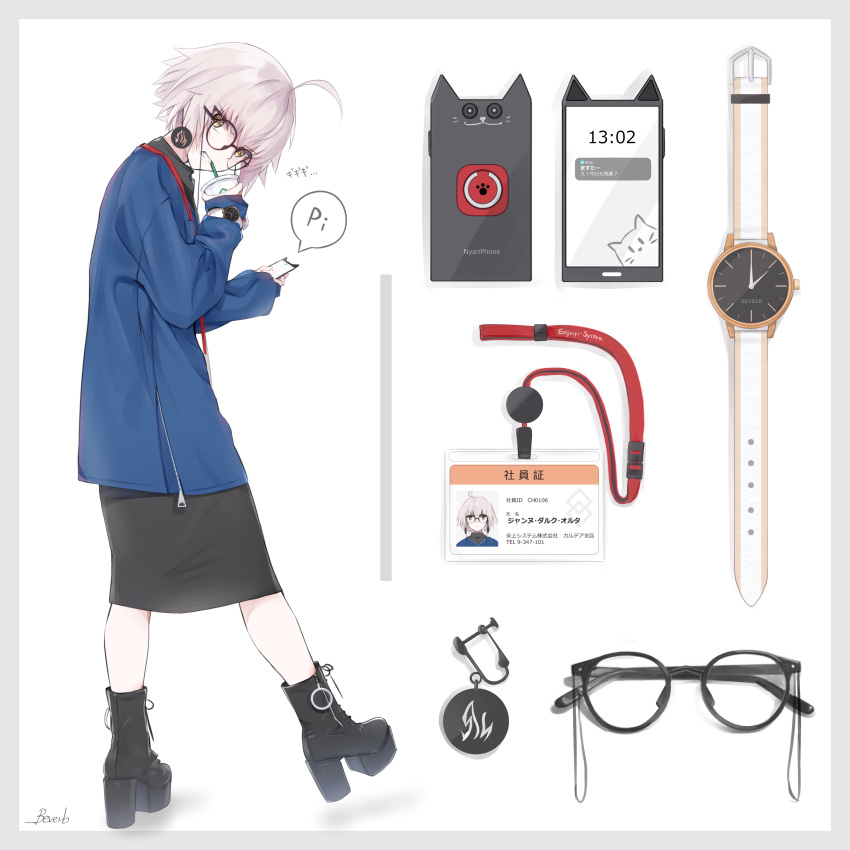 1girl absurdres ahoge bangs bee_doushi black-framed_eyewear black_footwear black_shirt black_skirt blue_jacket boots border cellphone clenched_teeth commentary_request cup disposable_cup drinking_straw eyebrows_visible_through_hair fate/grand_order fate_(series) glasses grey_border grey_hair high_heel_boots high_heels highres holding holding_cellphone holding_cup holding_phone id_card jacket jeanne_d'arc_(alter)_(fate) jeanne_d'arc_(fate)_(all) long_sleeves looking_at_viewer phone phone_with_ears platform_footwear platform_heels round_eyewear shirt signature skirt sleeves_past_wrists solo standing standing_on_one_leg teeth translation_request watch watch white_background yellow_eyes
