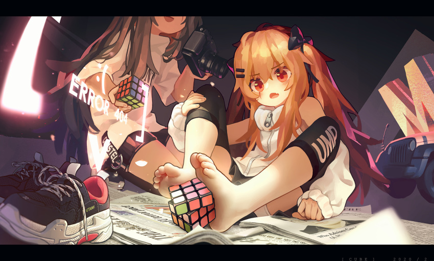 2girls bare_shoulders barefoot brown_hair camera commentary_request detached_sleeves eyebrows_visible_through_hair fang feet footwear_removed girls_frontline head_out_of_frame highres holding holding_camera long_hair multiple_girls newspaper open_mouth rubik's_cube scar scar_across_eye shoes sitting skin_fang sneakers solo_focus squatting tianliang_duohe_fangdongye ump45_(girls_frontline) ump9_(girls_frontline) zipper zipper_pull_tab
