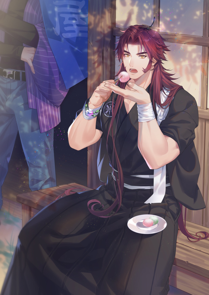 2boys absurdres belt bench bracelet bug denim dragonfly food hair_down hakama haori hel0205 highres insect insect_on_head japanese_clothes jeans jewelry long_hair male_focus mochi multiple_boys object_namesake open_mouth pants plate redhead saniwa_(touken_ranbu) sideburns sitting skewer solo_focus tonbokiri_(touken_ranbu) touken_ranbu very_long_hair wagashi yellow_eyes